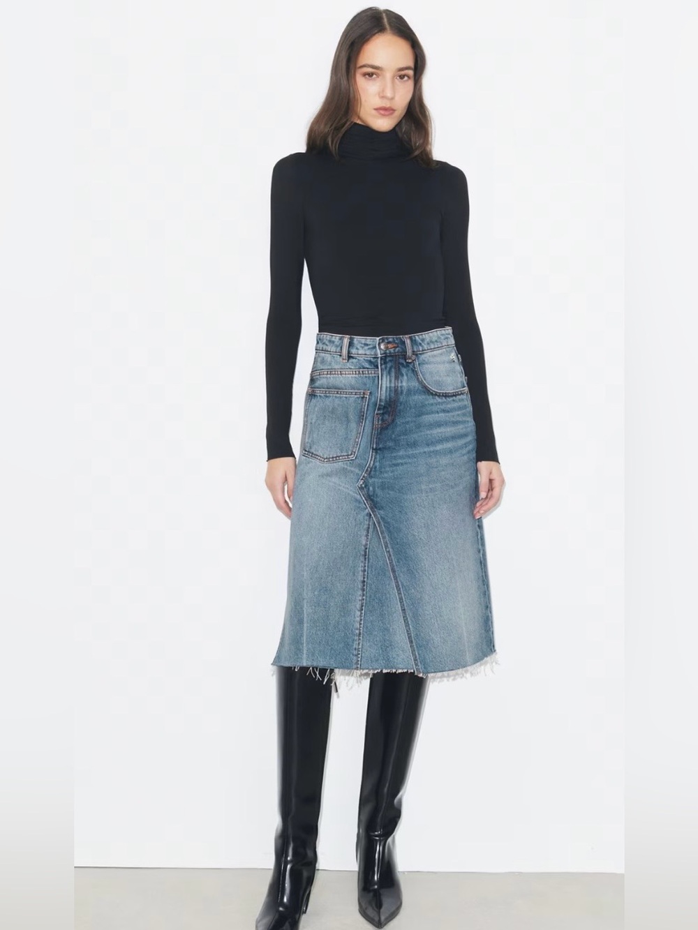 Tory Burch Blue Denim Midi Skirt with Raw Hem